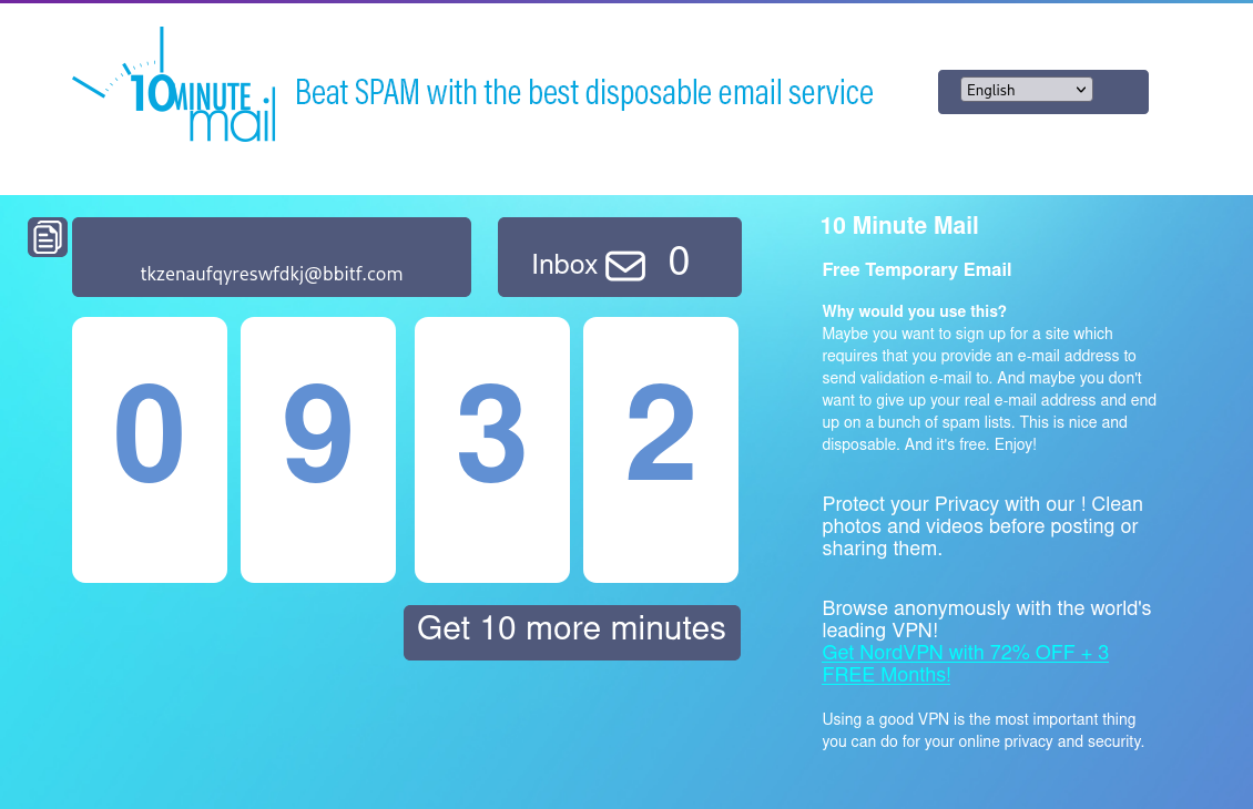 Screenshot of the 10minutemail homepage