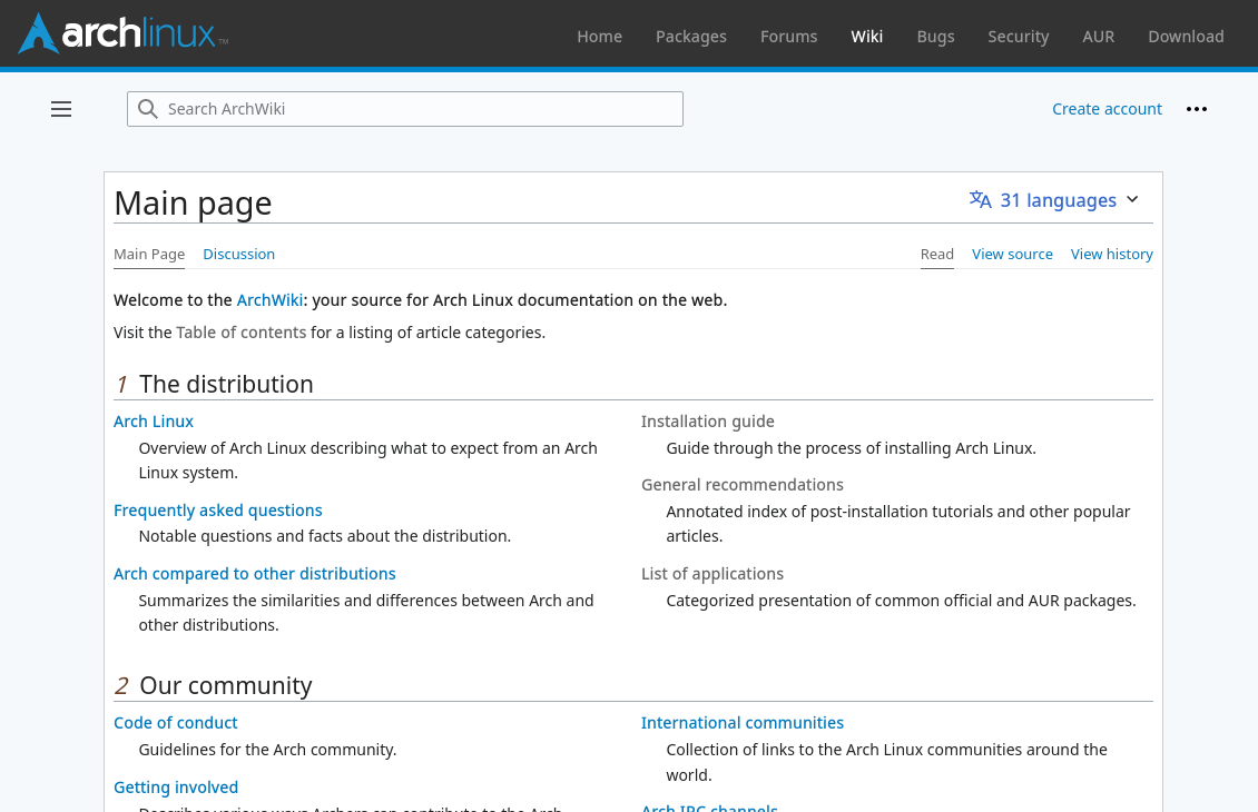 Screenshot of the Archwiki homepage
