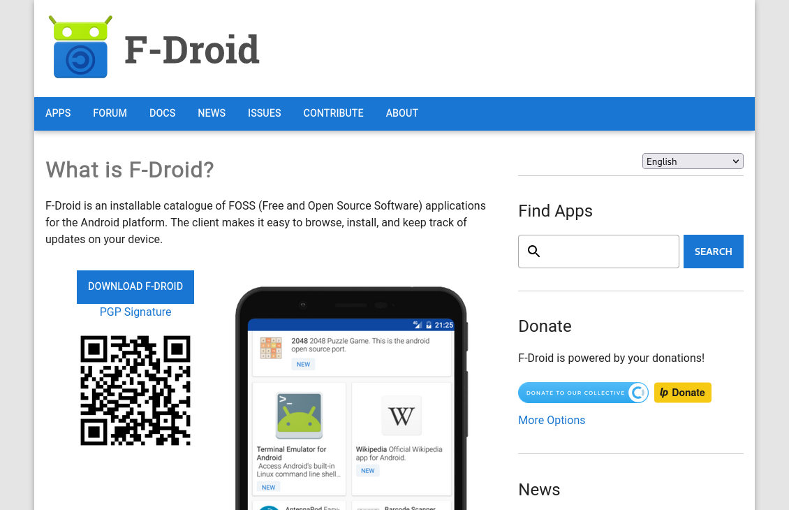 A
screenshot of the F-Droid homepage