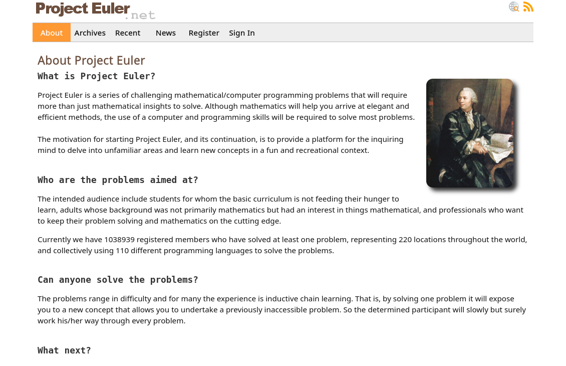 Screenshot of the Project Euler homepage