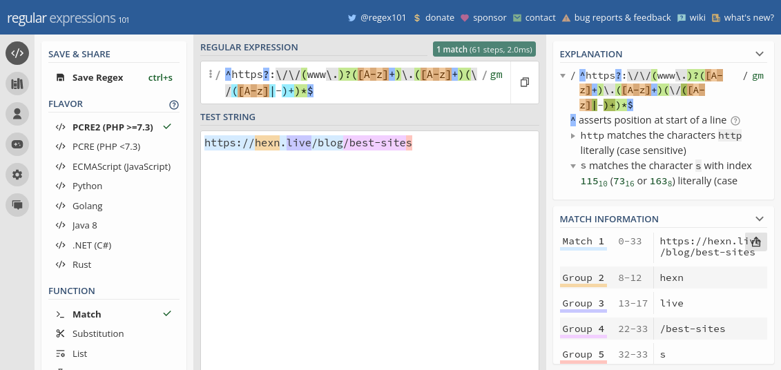 Screenshot of the regex101 homepage