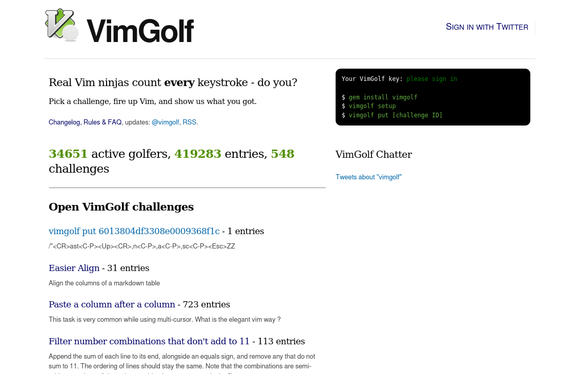 Screenshot of the VimGolf homepage