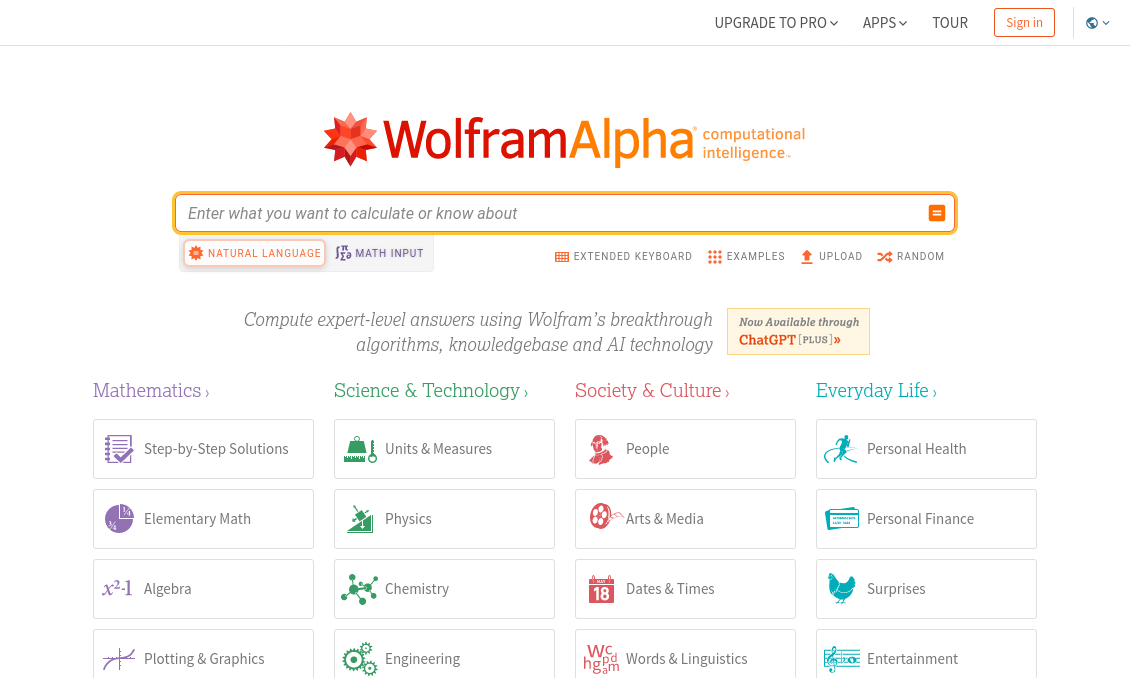 Screenshot of the Wolfram Alpha homepage